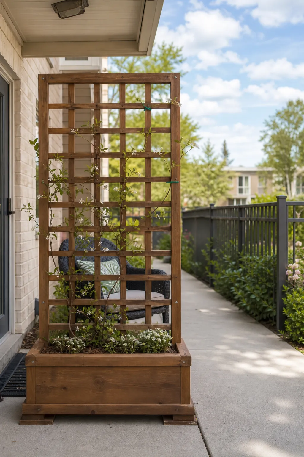 One affordable trellis planter creating targeted small patio privacy
