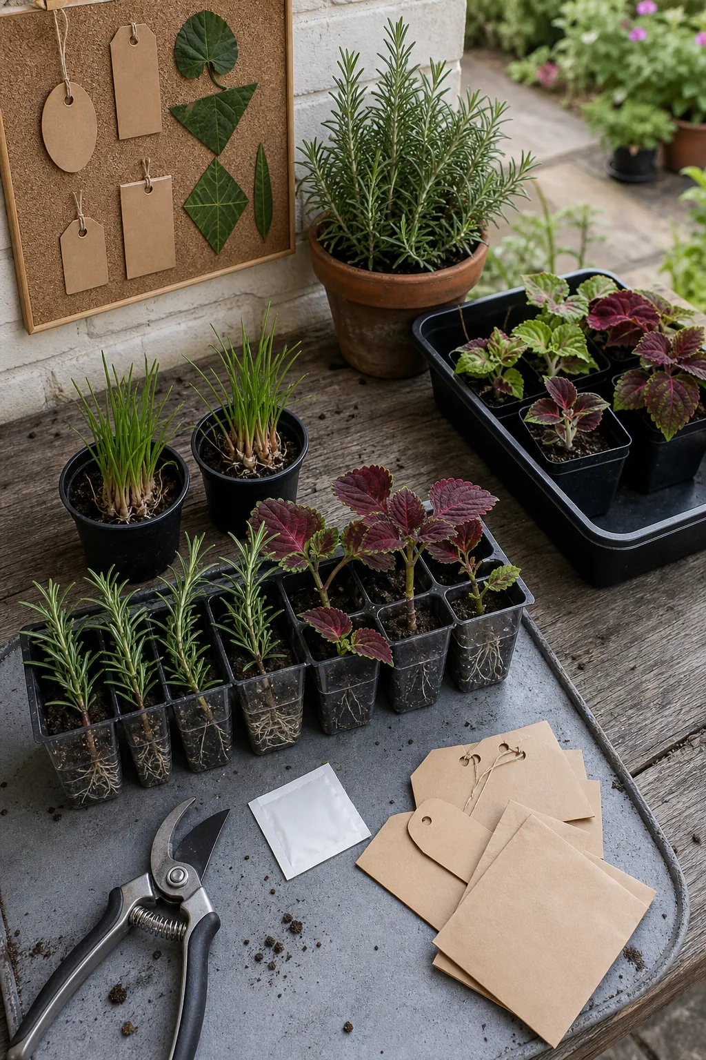 Healthy herb cuttings and divisions prepared for a budget patio garden