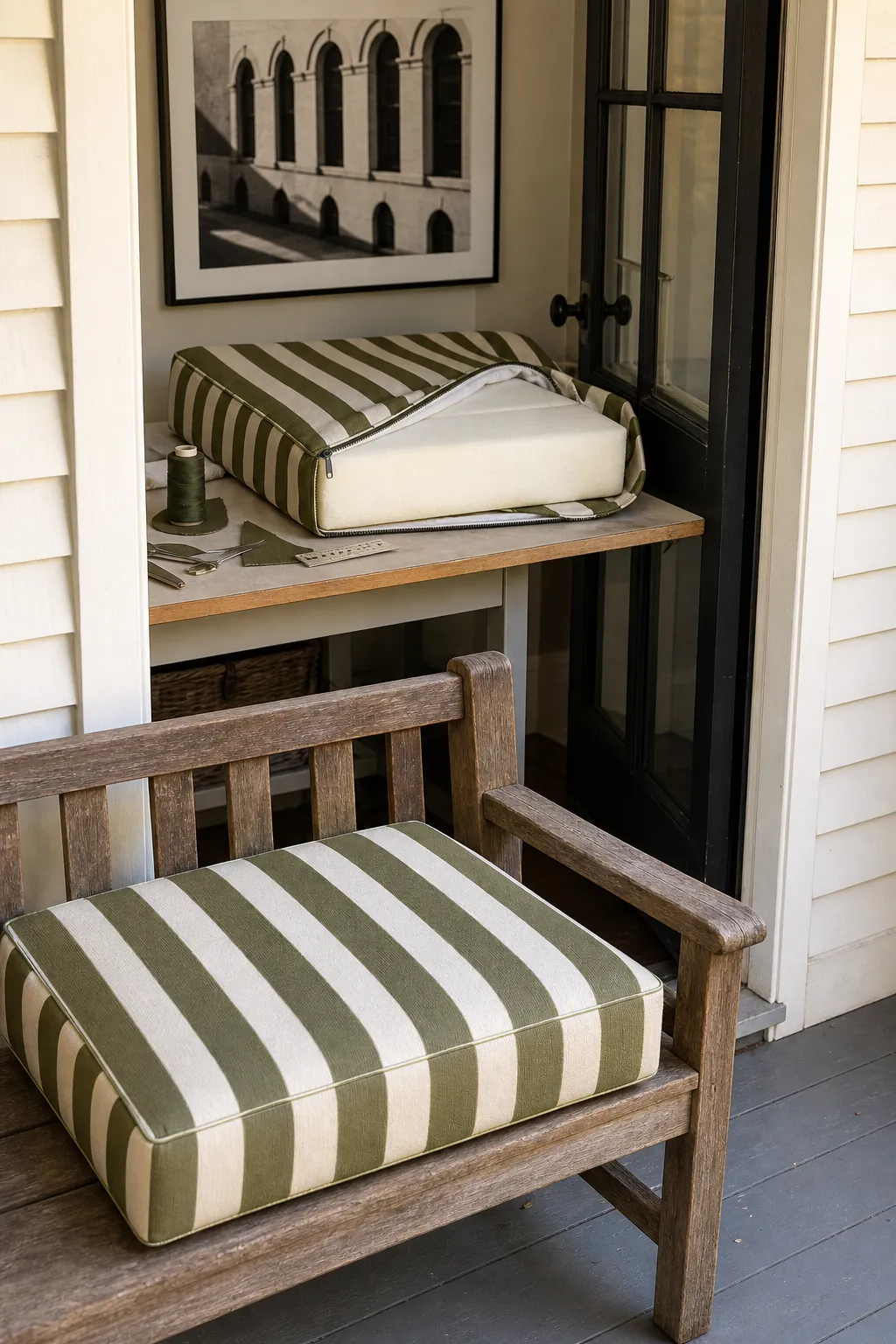Fresh sewn outdoor cushion covers updating an existing patio bench