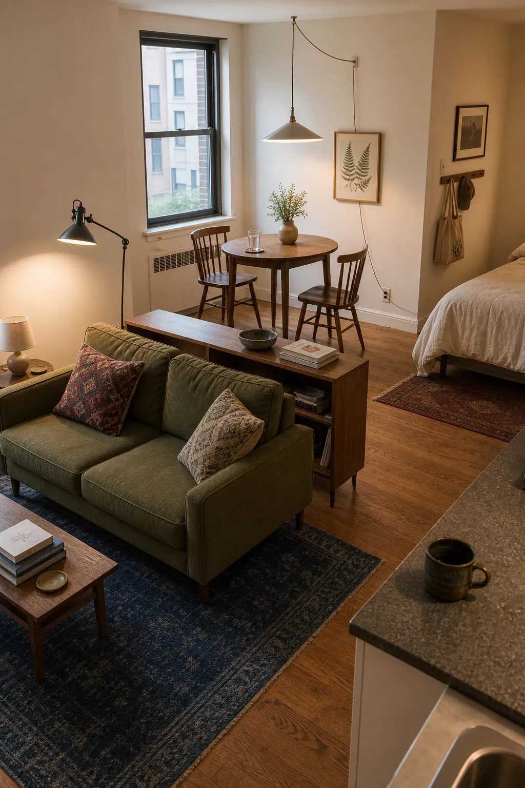 Small studio apartment divided into living and dining zones without tall barriers