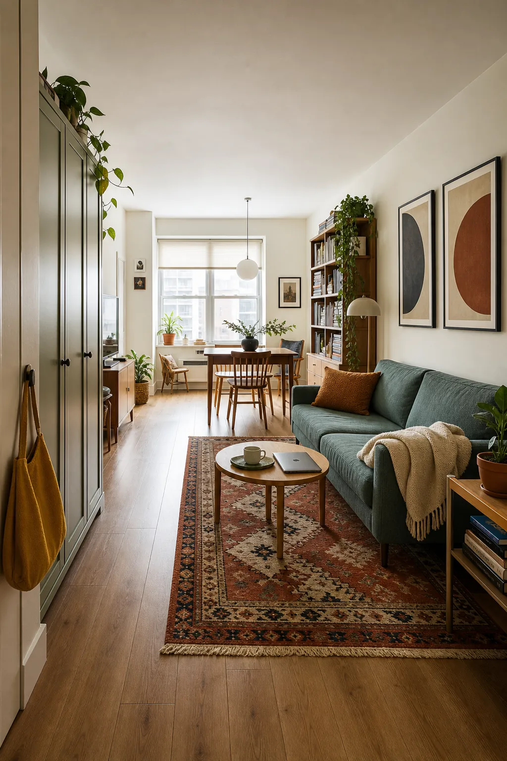 A spacious-feeling small apartment with colorful personal decor and a clear layout