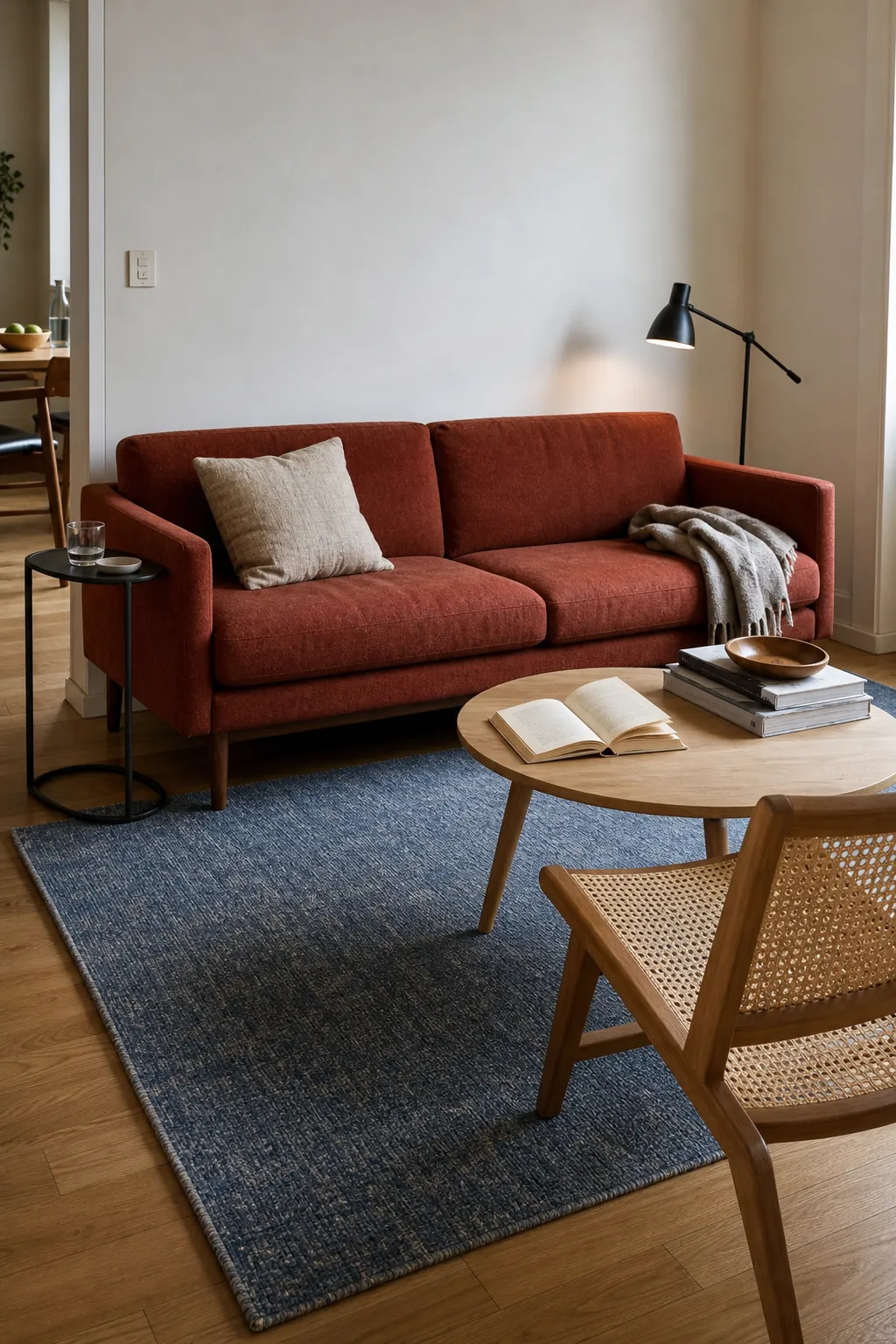 Compact living room with slim-legged furniture and one comfortable anchored sofa