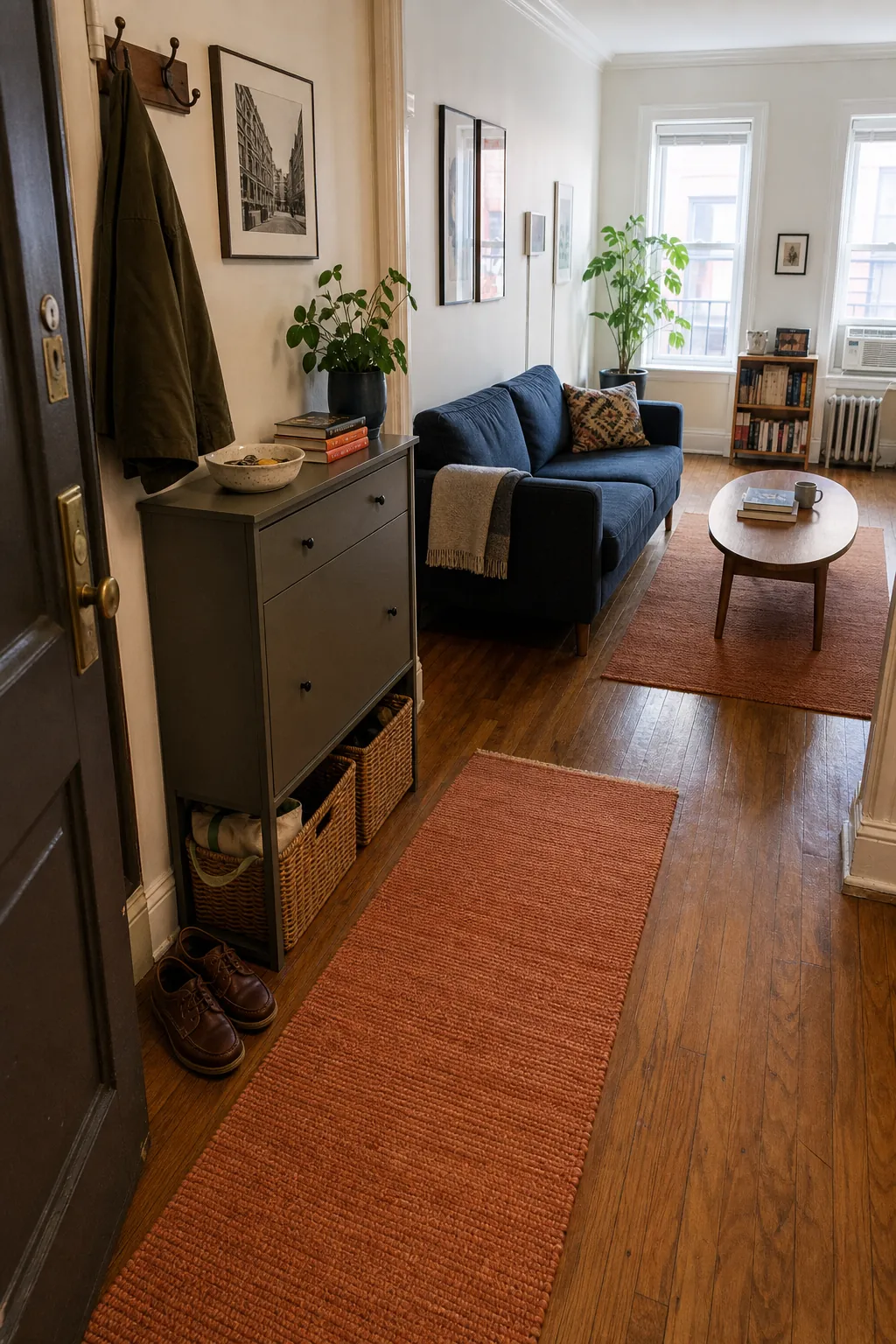 Colorful small apartment with a clear walking path between the entry and living area