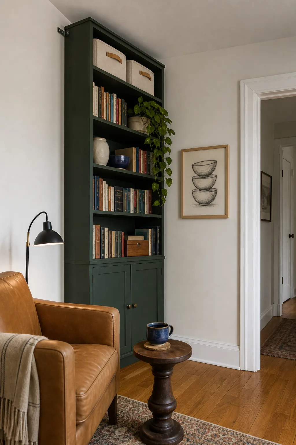 Tall bookcase drawing the eye upward in a character-filled small apartment