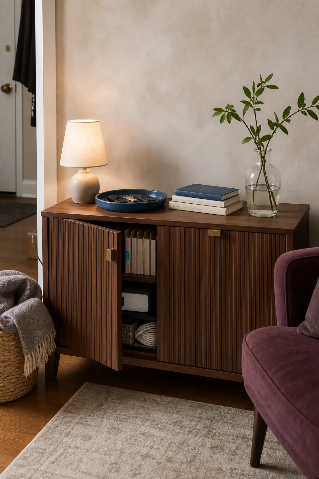 Warm small apartment with closed low storage and a curated display above