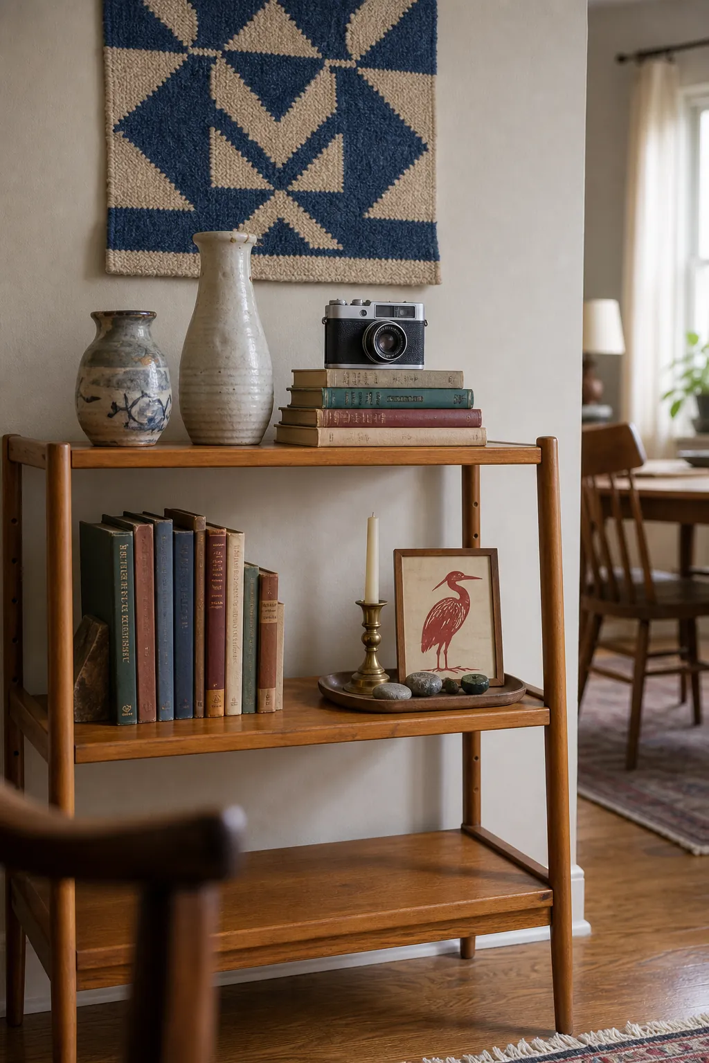 Curated books and meaningful objects grouped neatly in a small maximalist apartment