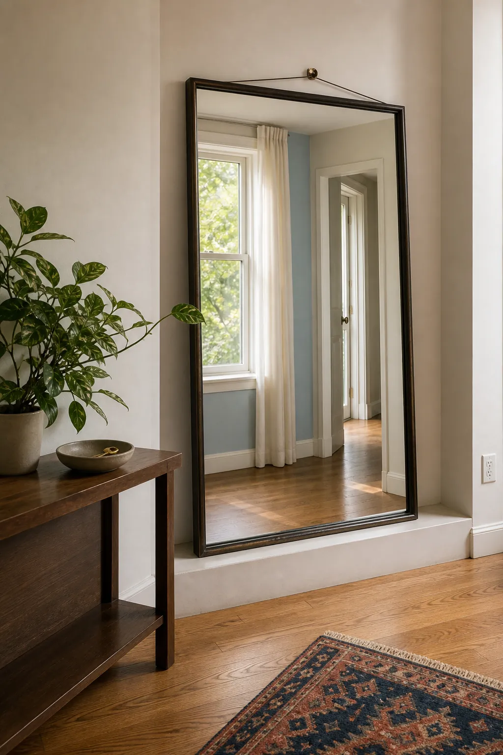 Apartment mirror positioned to reflect window light and an open sightline