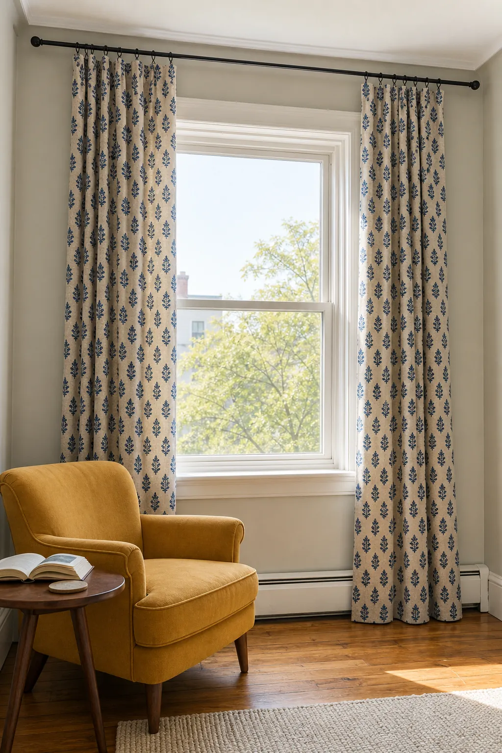 Full-length curtains hung high and wide around a bright apartment window