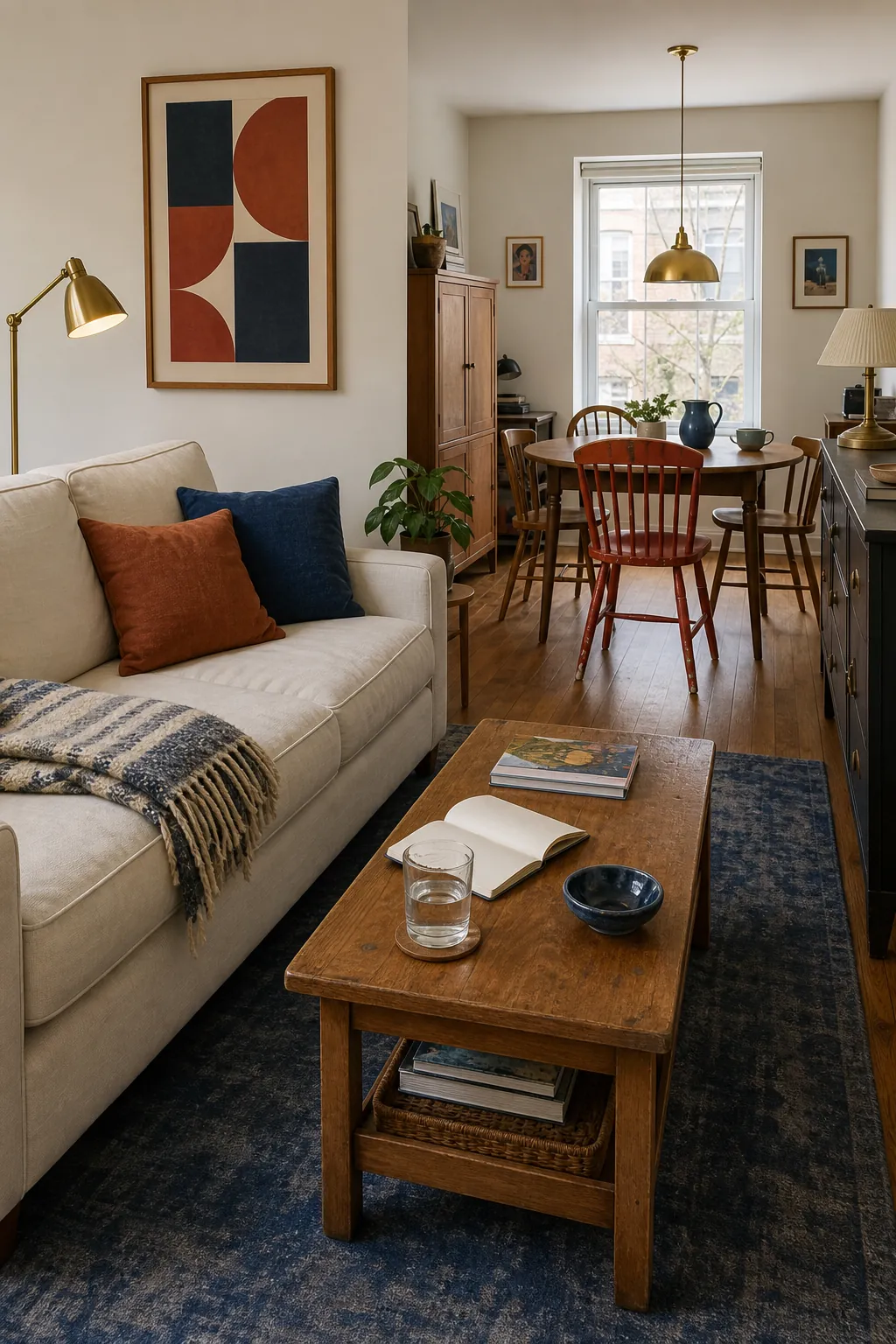Colorful small apartment unified by repeated blue, rust, wood, and brass accents