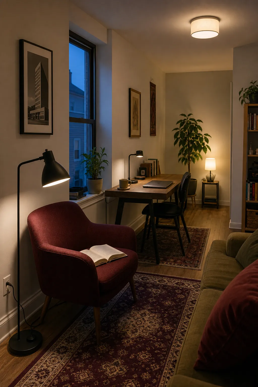 Cozy studio apartment using ceiling, task, and accent lighting at different heights