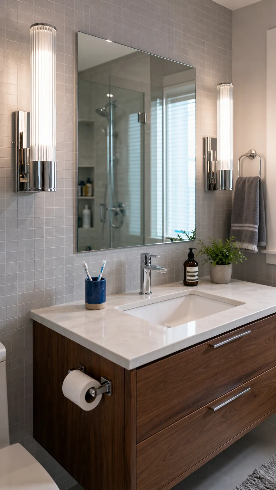Vertical Ribbed Glass for Even Face Light beside a bathroom mirror