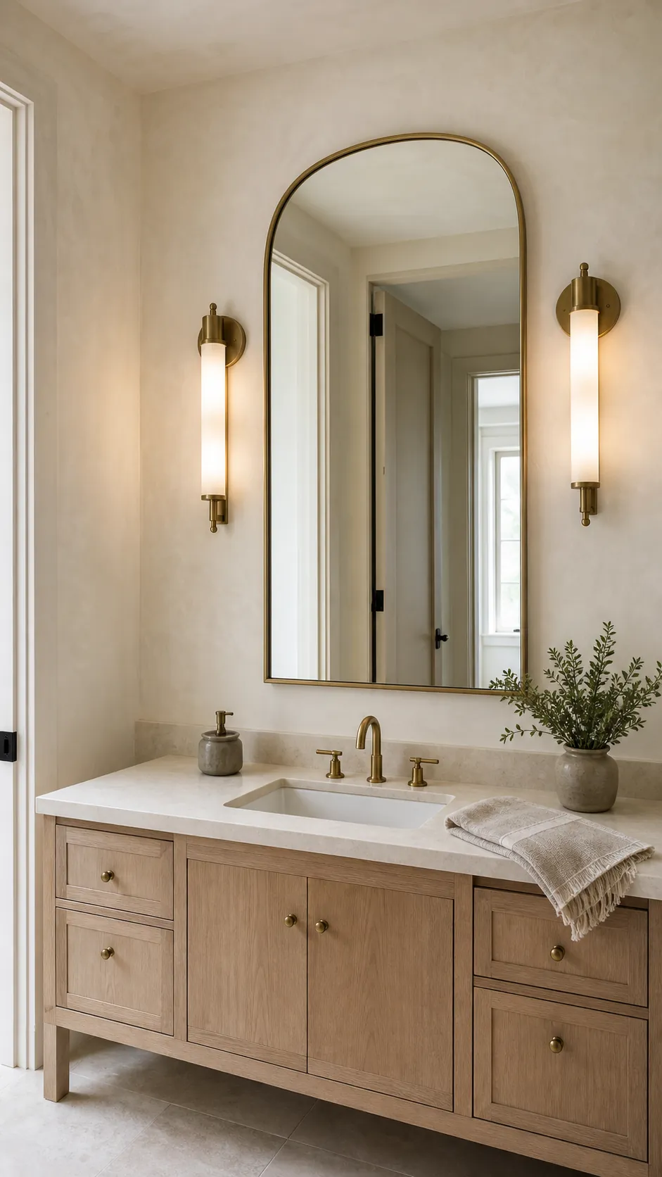 Aged brass wall sconces beside an arched bathroom mirror