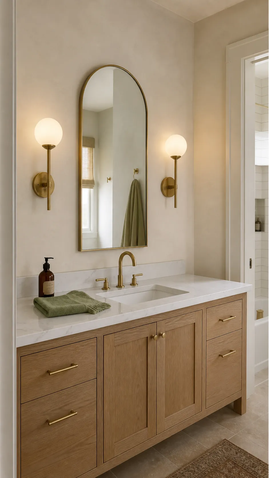Opal Globes With an Arched Brass Mirror beside a bathroom mirror
