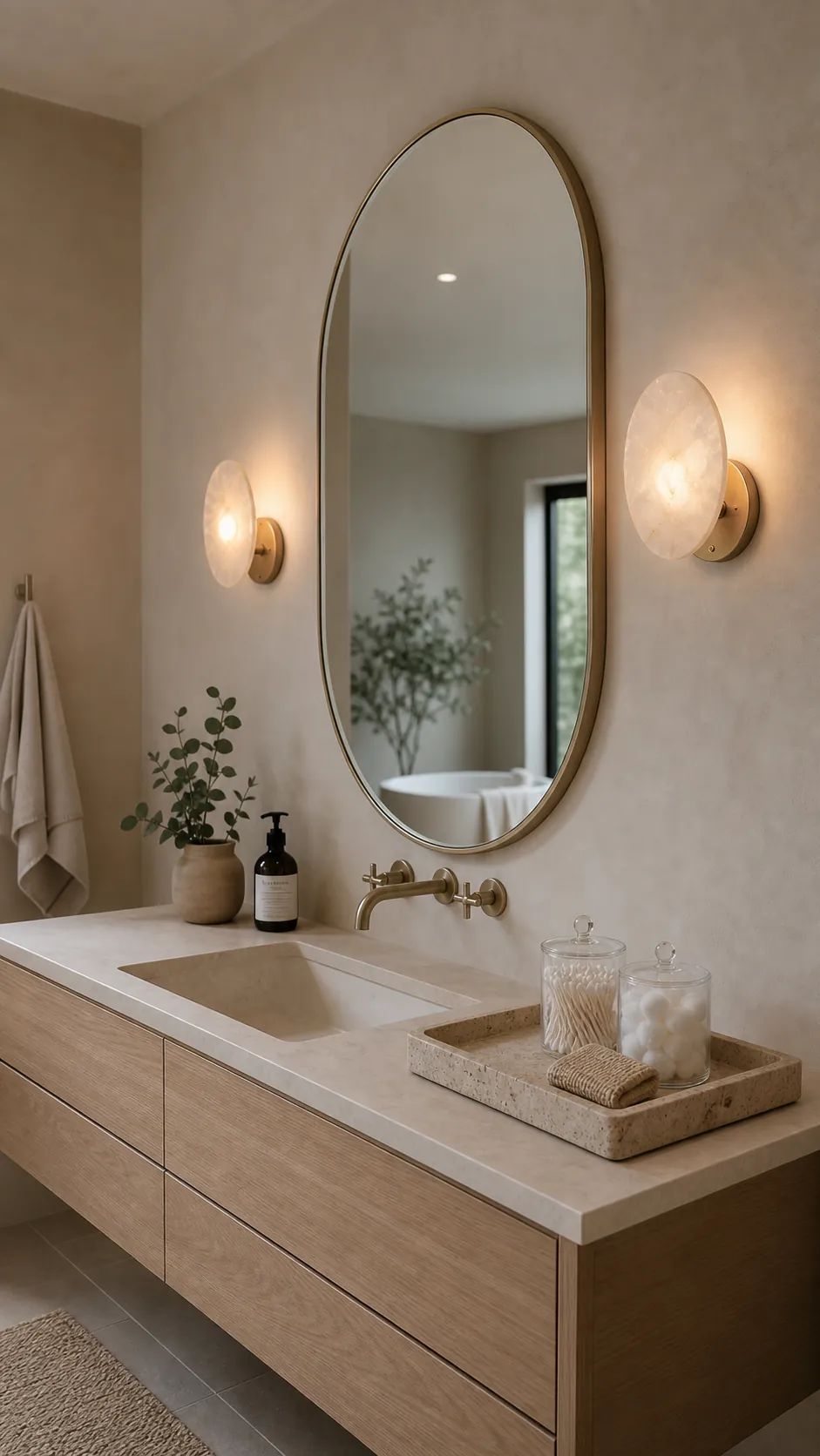 Alabaster Discs for a Soft Spa Glow beside a bathroom mirror