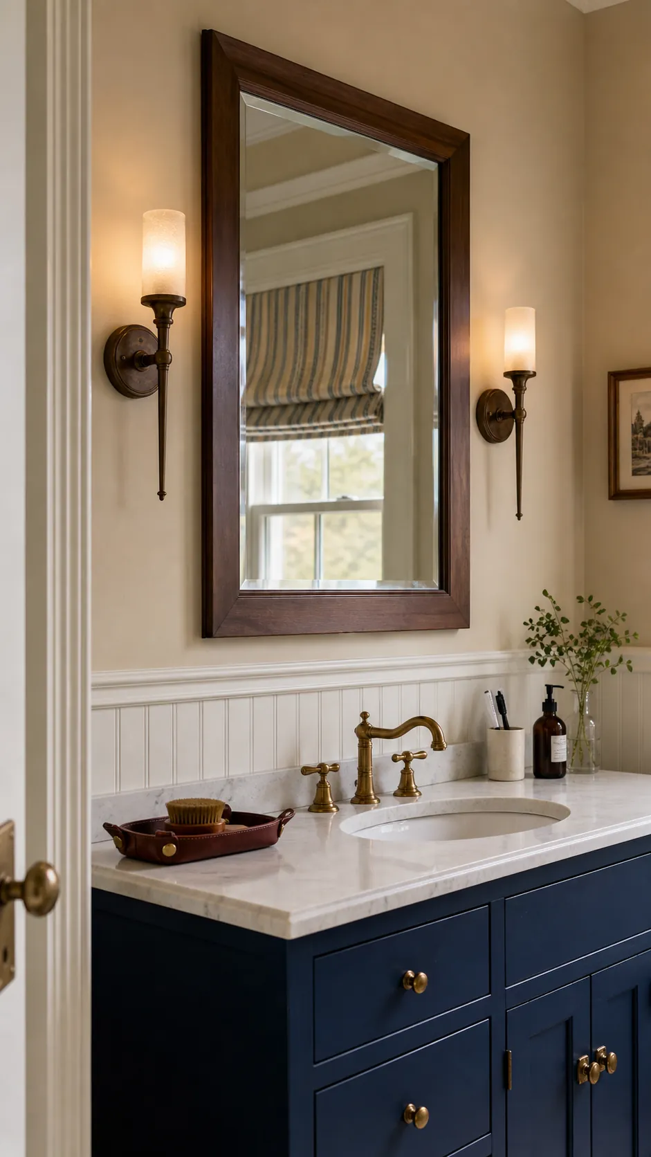 Aged Bronze Candle Forms for Traditional Character beside a bathroom mirror