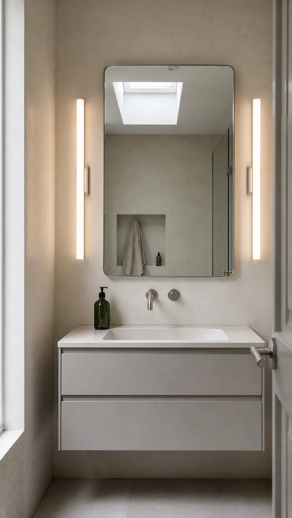 Slim LED Bars for a Minimal Vanity beside a bathroom mirror