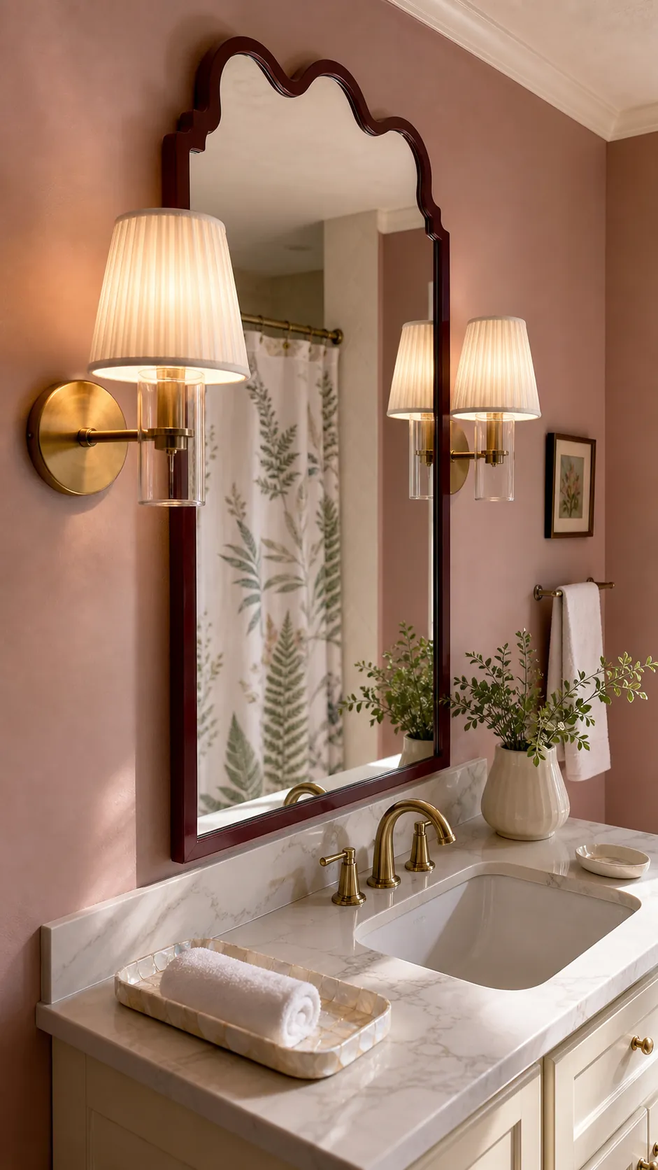 Pleated Shades That Make the Vanity Feel Furnished beside a bathroom mirror