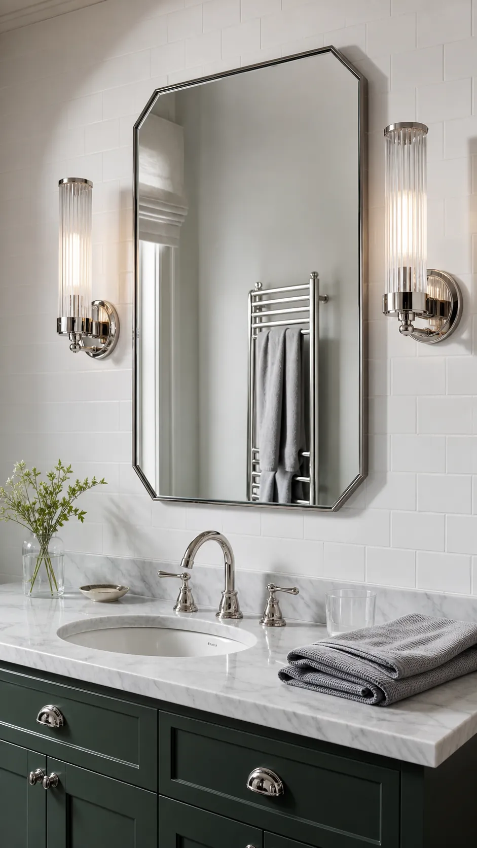 Fluted Glass and Nickel for a Crisp Classic Look beside a bathroom mirror