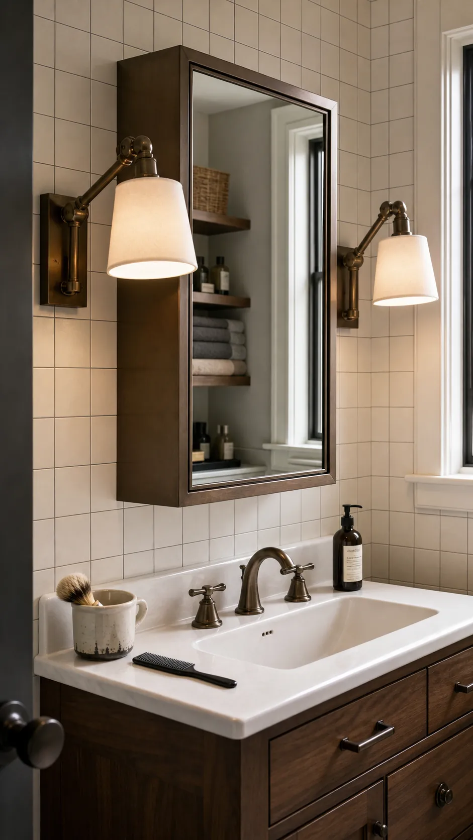Adjustable Arms for a Deep Medicine Cabinet beside a bathroom mirror