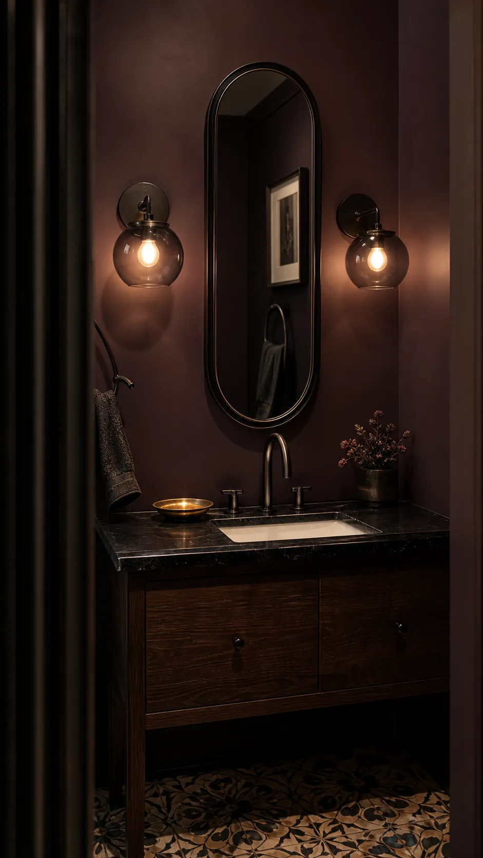Smoked Glass for a Moody Powder Room beside a bathroom mirror