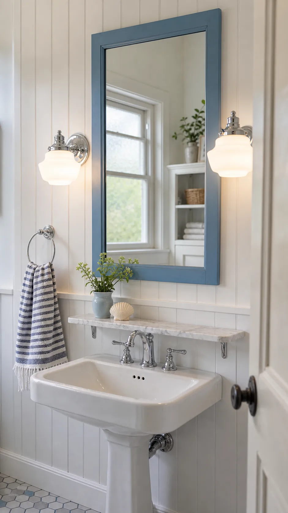Milk Glass Schoolhouse Sconces for Vintage Ease beside a bathroom mirror