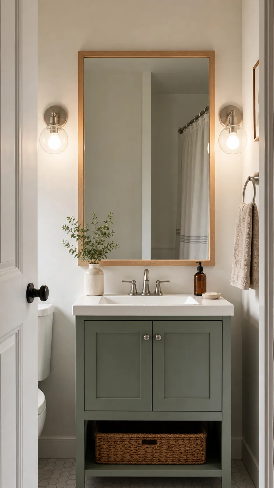 Tiny Globes That Leave Breathing Room beside a bathroom mirror