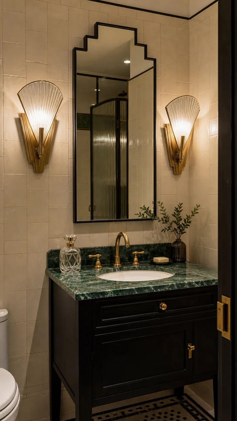 Art Deco Fans With a Stepped Mirror beside a bathroom mirror