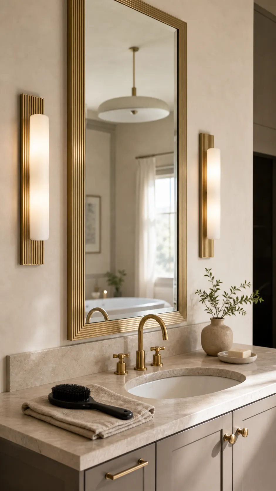Reeded Brass Backplates That Echo the Mirror beside a bathroom mirror