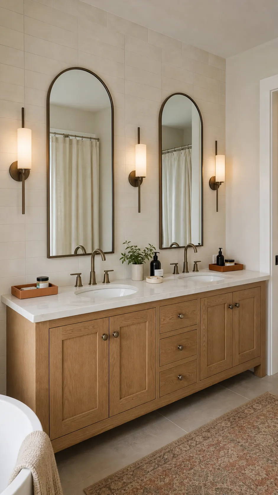 One Sconce on Each Outer Edge of Twin Mirrors beside a bathroom mirror