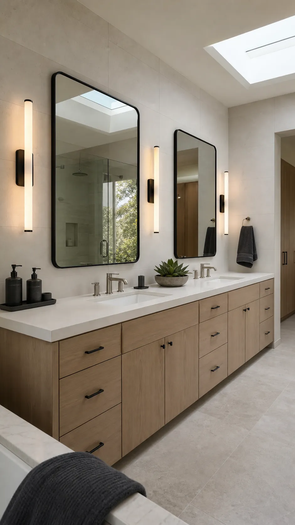 Four Slender Sconces for a Long Double Vanity beside a bathroom mirror