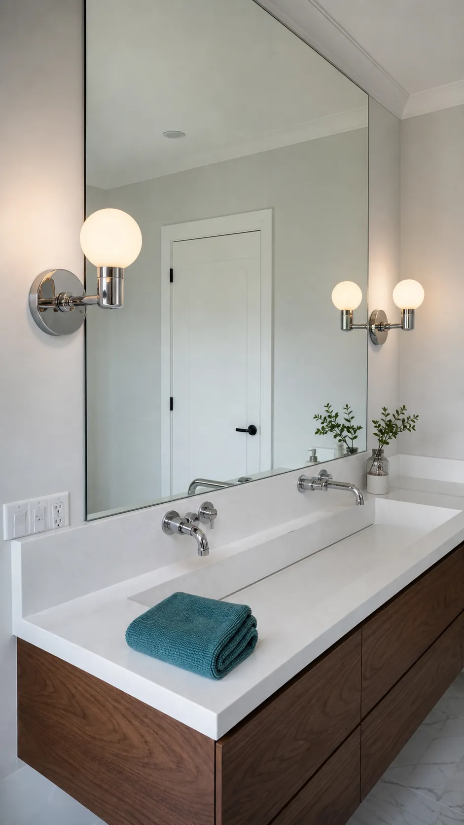 A Sconce Mounted Through the Mirror beside a bathroom mirror