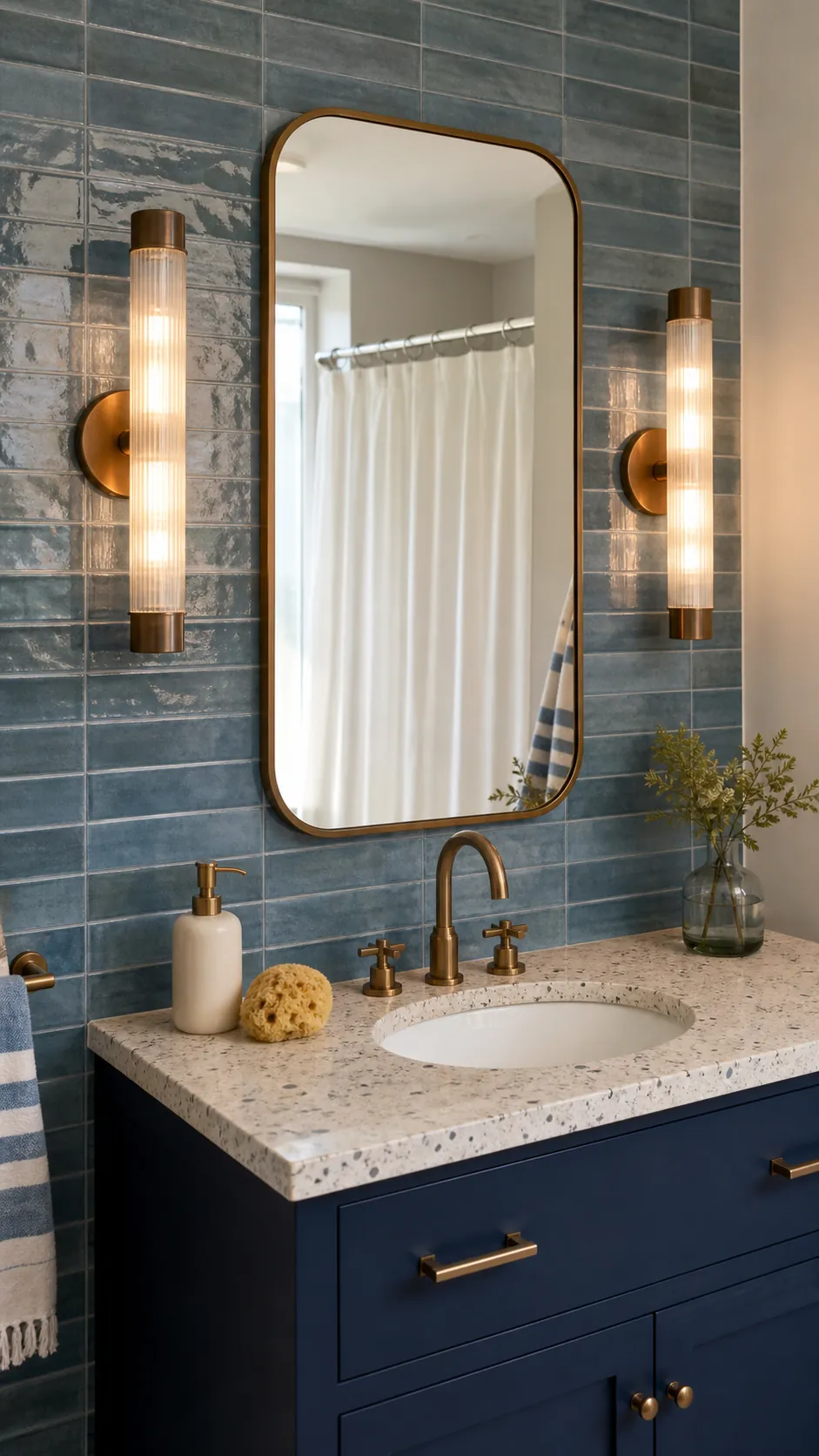 Warm Bronze Against Cool Blue Tile beside a bathroom mirror