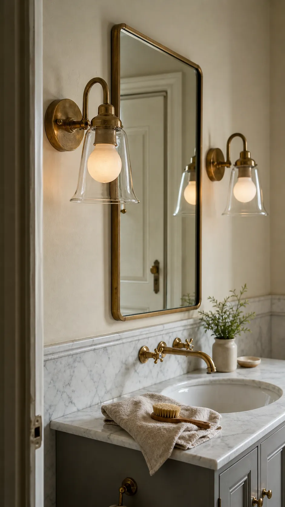 Unlacquered Brass That Will Age Naturally beside a bathroom mirror
