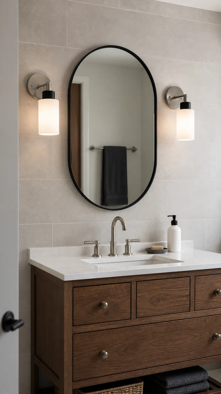 Mixed Metal Sconces Without Visual Clutter beside a bathroom mirror