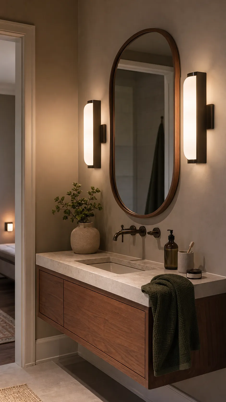 Low-Glare Sconces for a Calm Night Routine beside a bathroom mirror