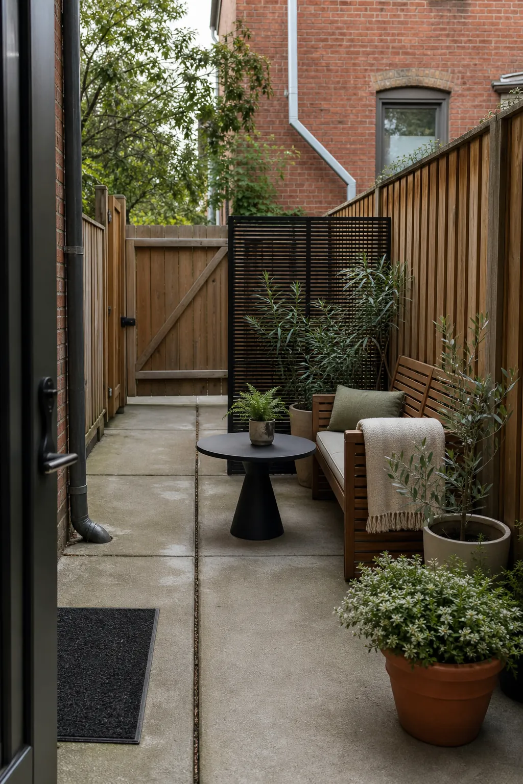 Inviting small townhouse patio with space-saving seating, privacy planting, and a clear walkway