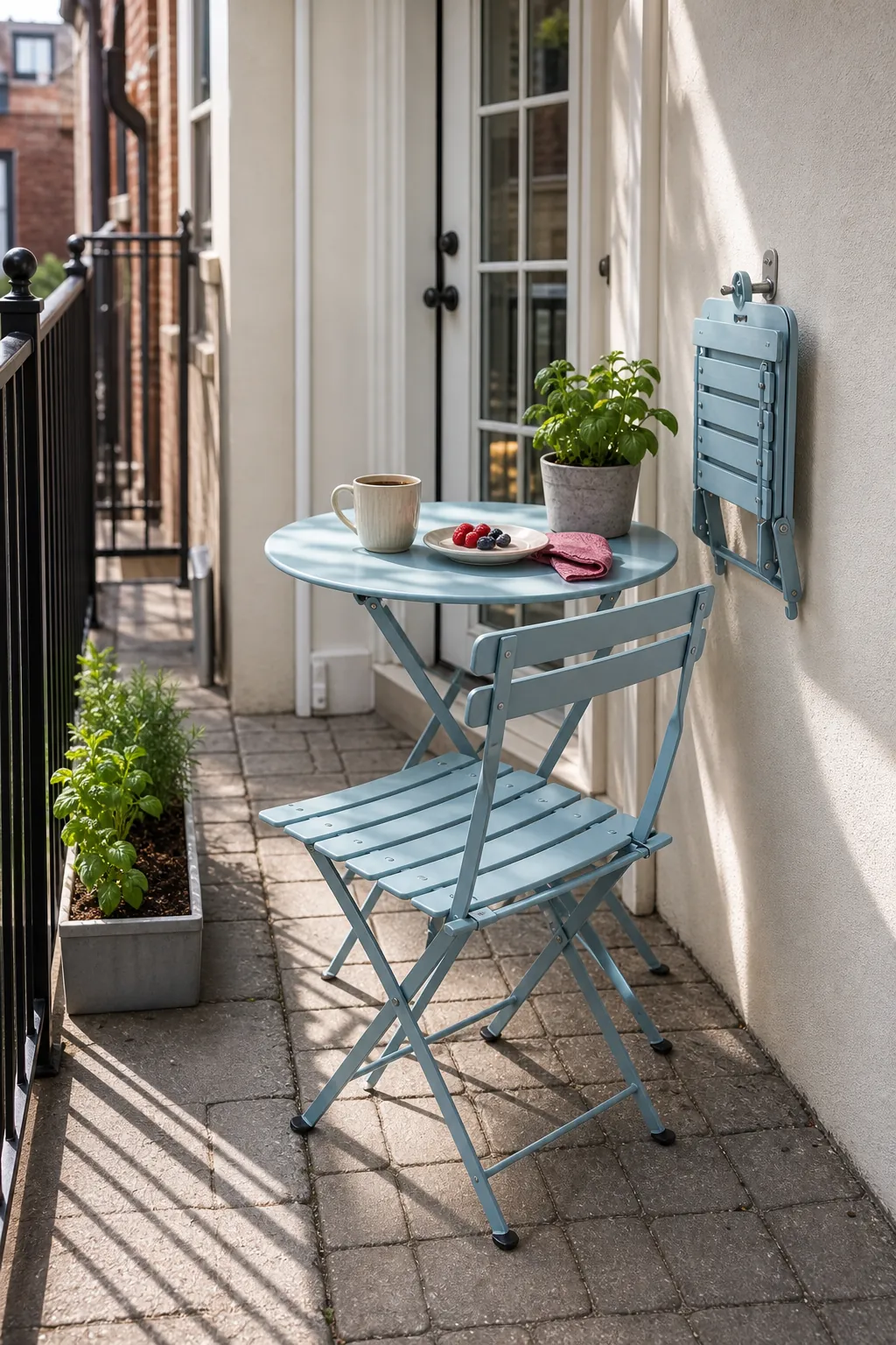 Narrow townhouse patio with a folding bistro table and two chairs