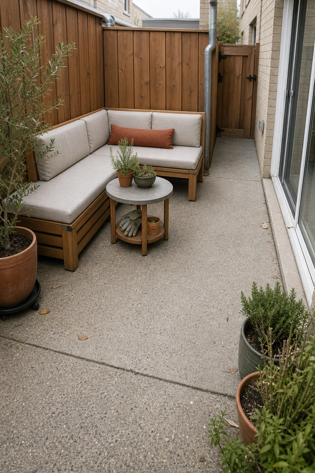 Small townhouse patio with an L-shaped corner bench and open walkway