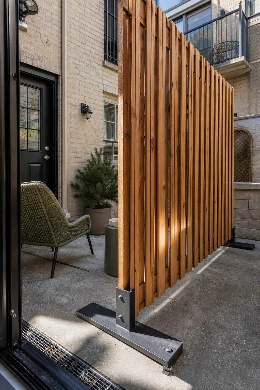 Compact patio with a freestanding cedar slatted privacy screen