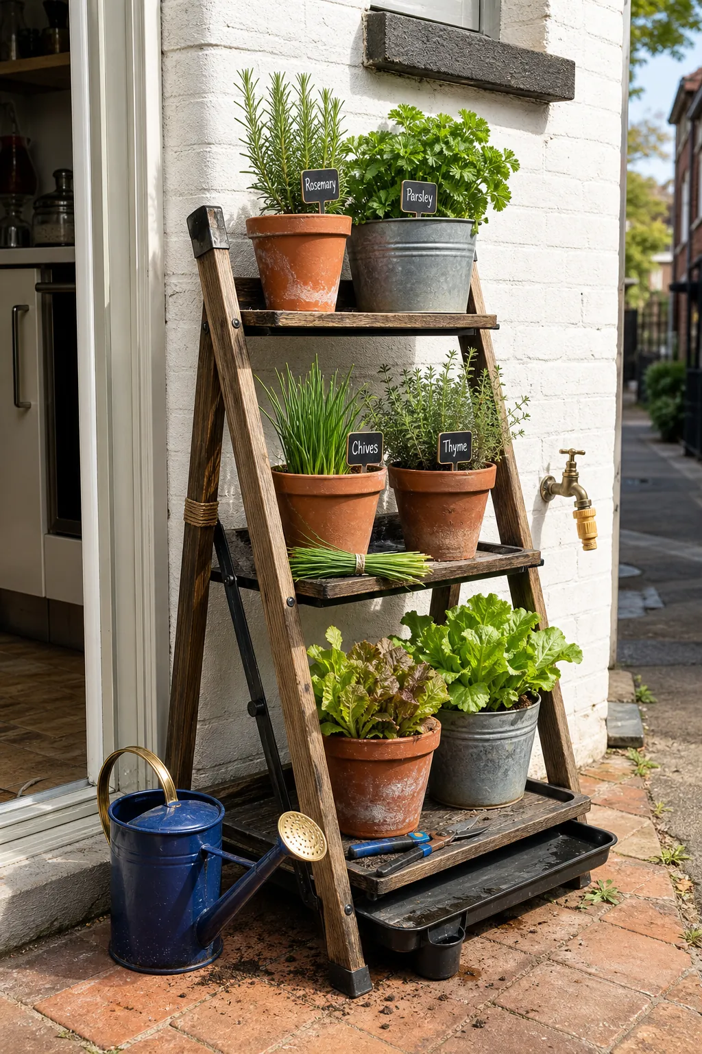 Sunny townhouse patio wall with a compact vertical herb garden