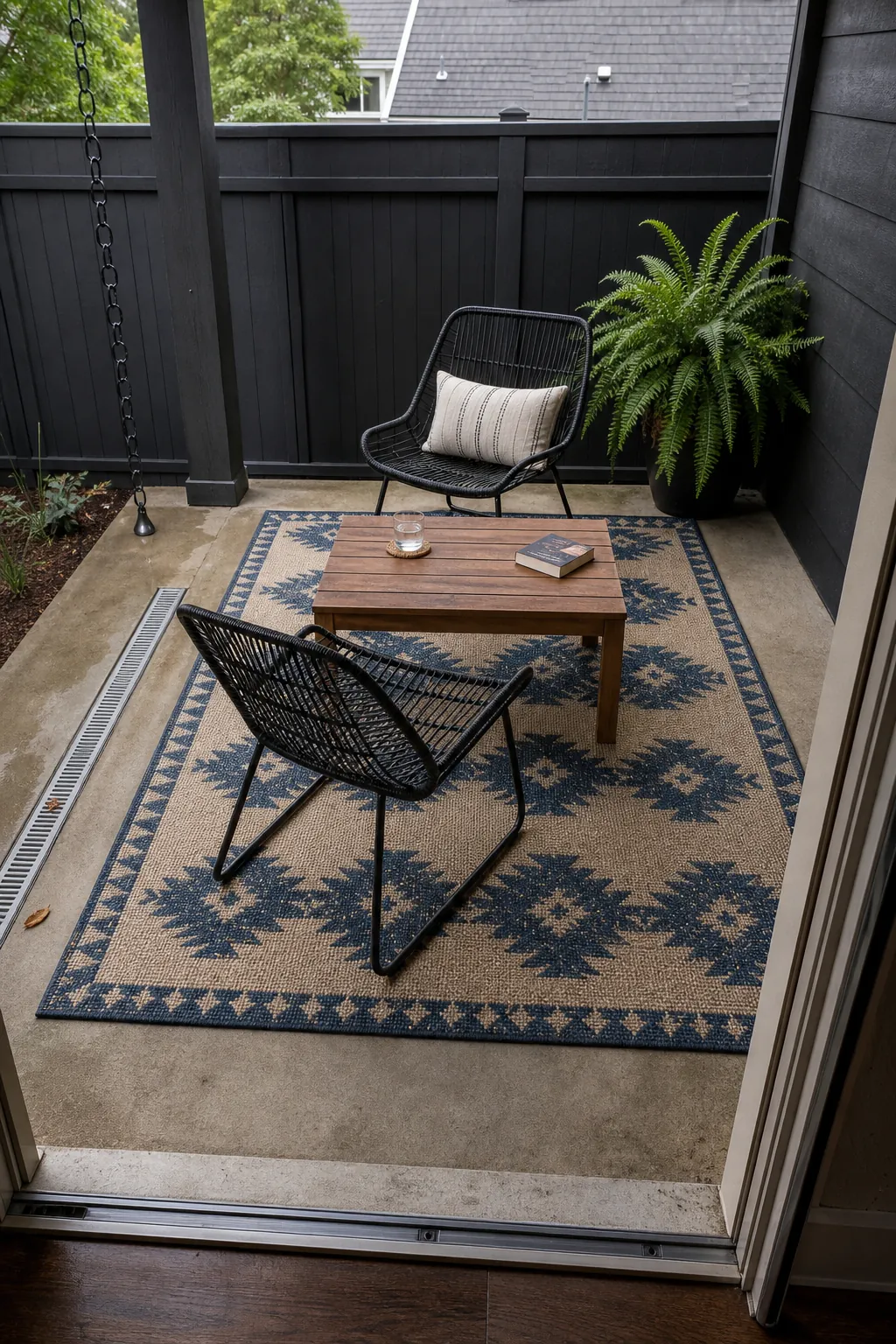 Small back patio seating anchored by a weather-resistant patterned rug
