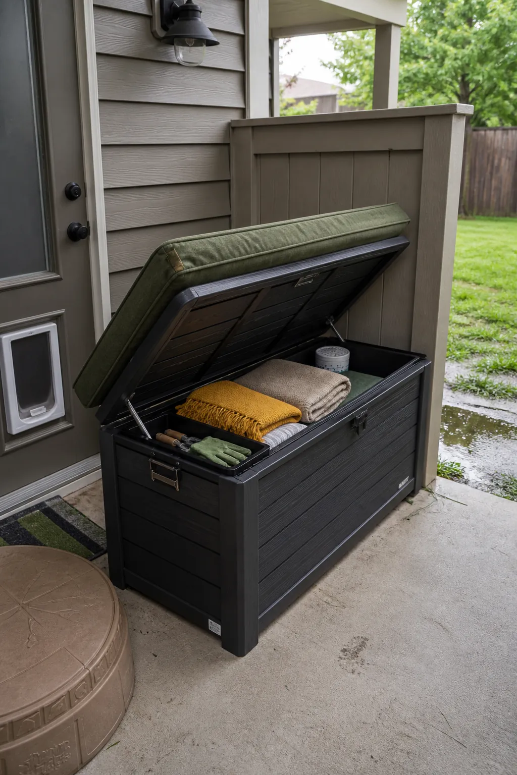 Tiny patio with a compact deck box used as a cushioned bench