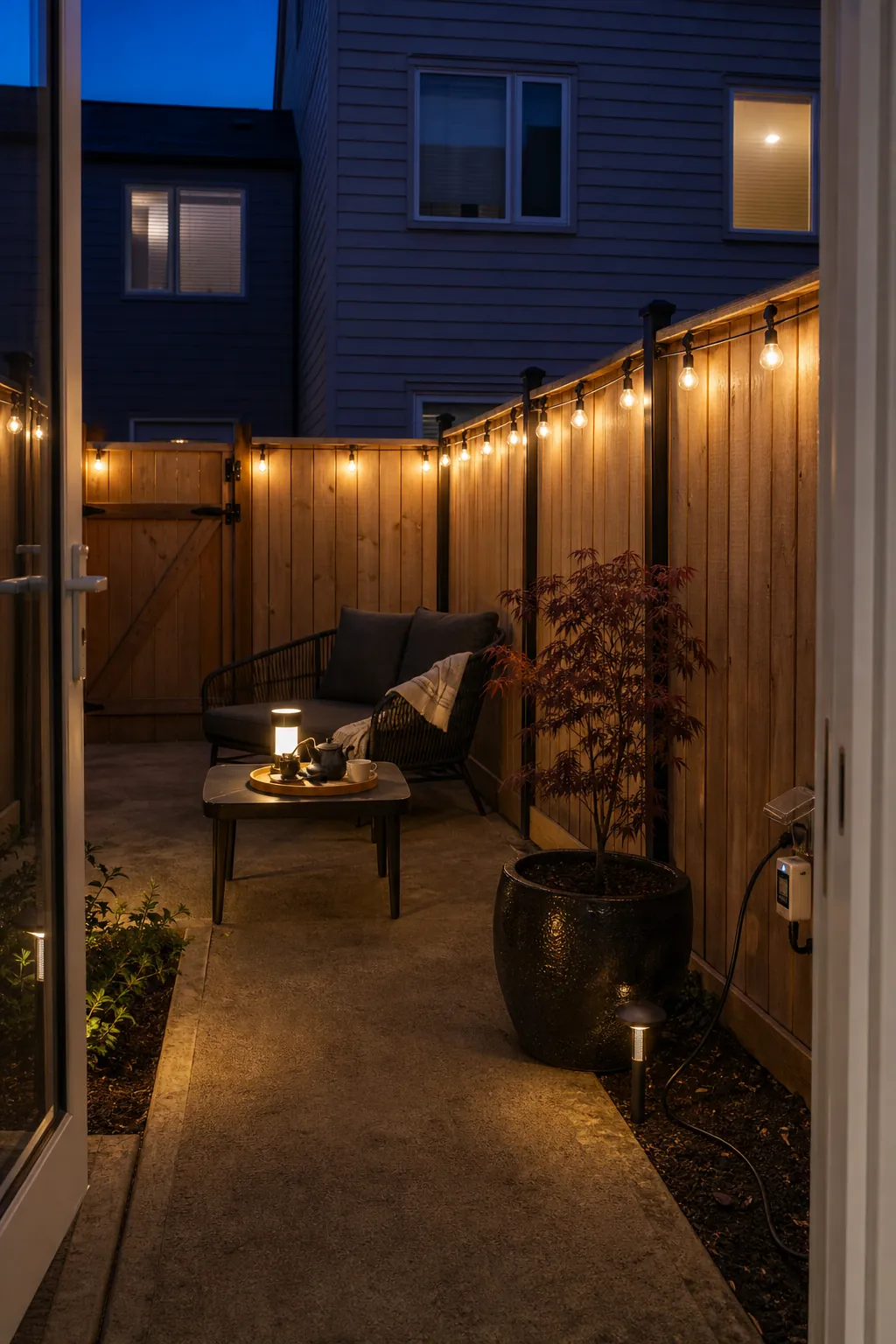 Cozy narrow patio with warm string lights around the perimeter