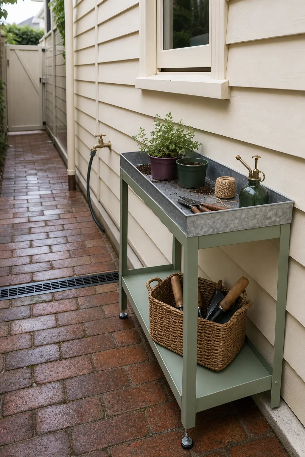 Narrow townhouse patio with a slim organized potting station