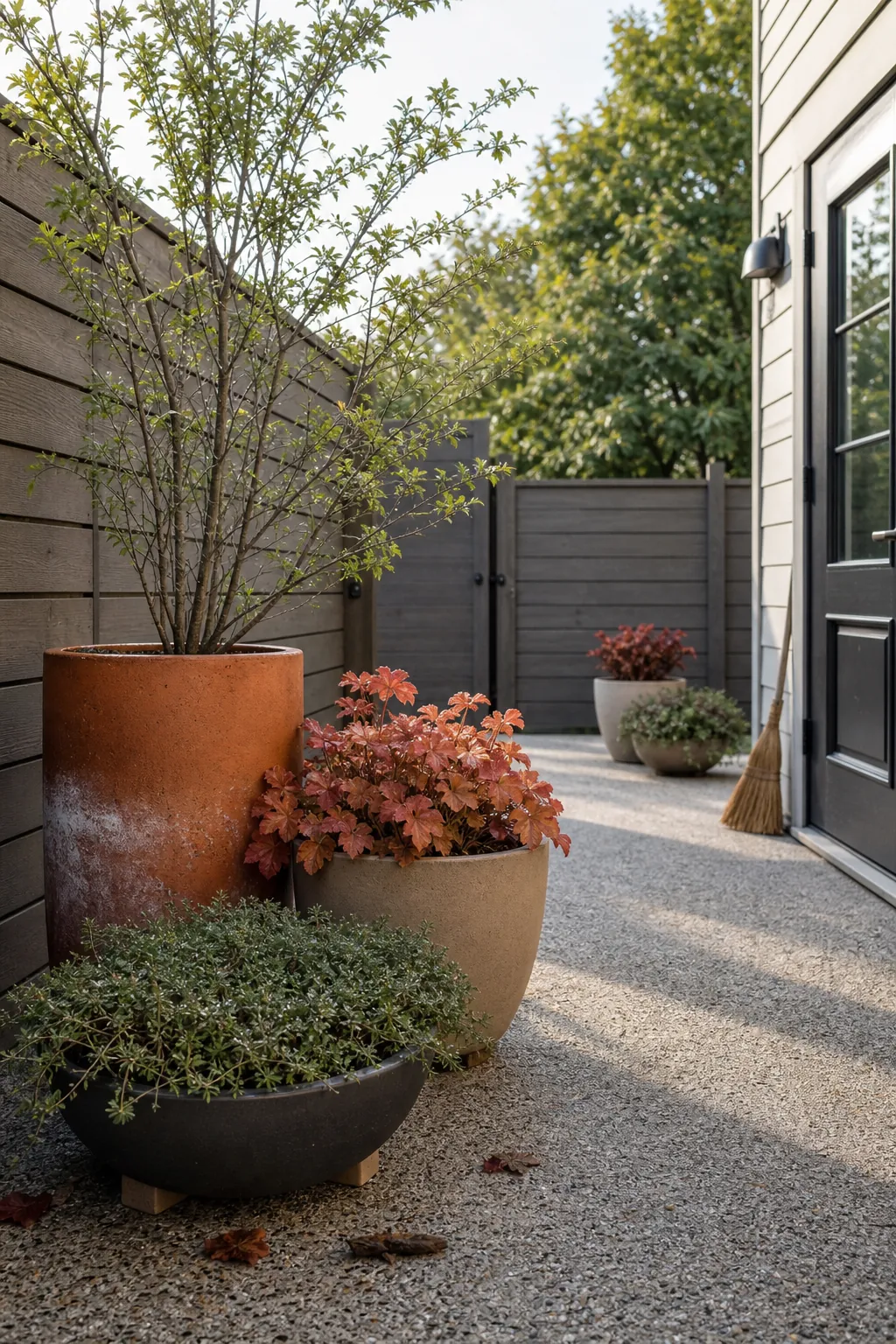 Small patio with layered planters grouped in one corner