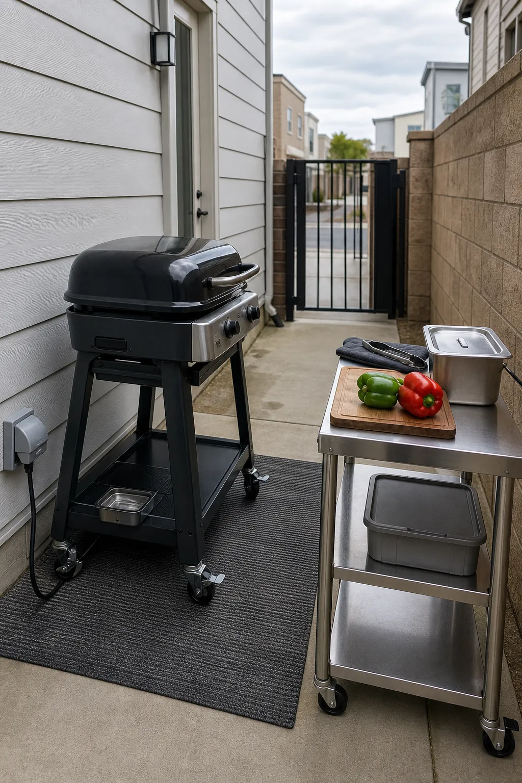 Compact townhouse patio with a safe organized electric grill zone