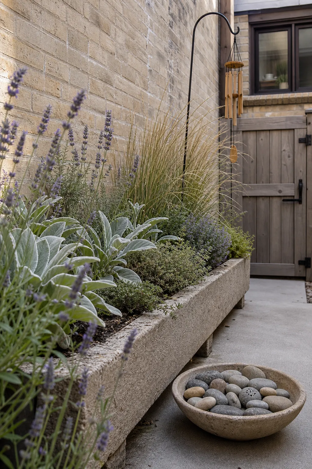 Tiny patio sensory garden with fragrant herbs and textured foliage