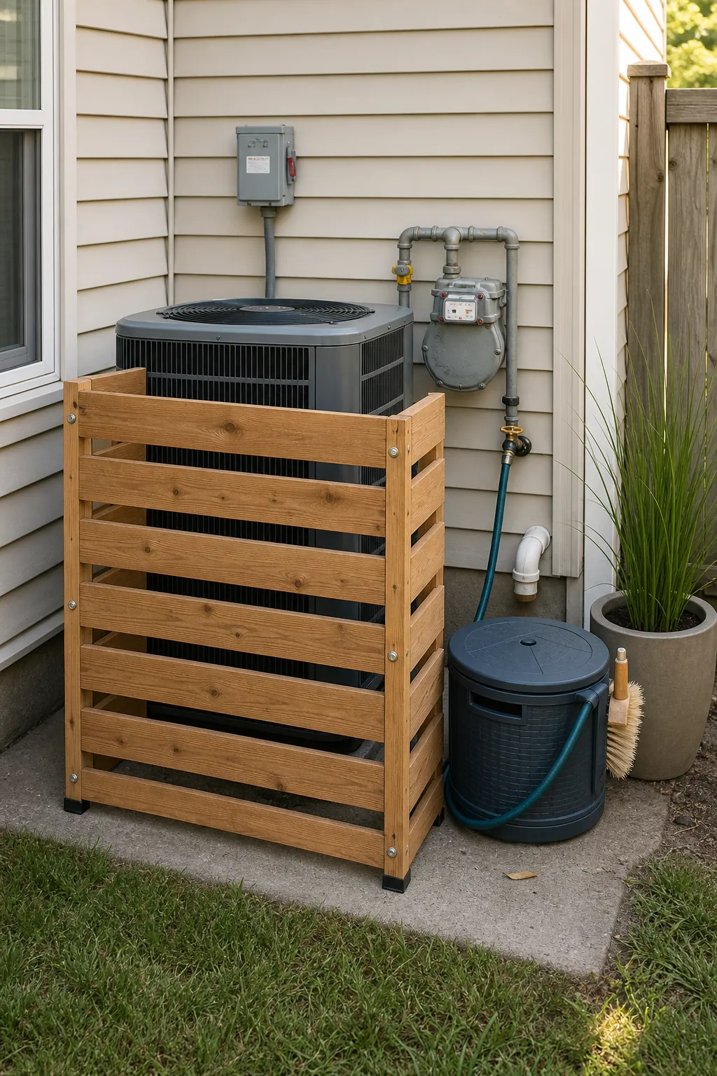Small patio utility area softened by a removable vented screen