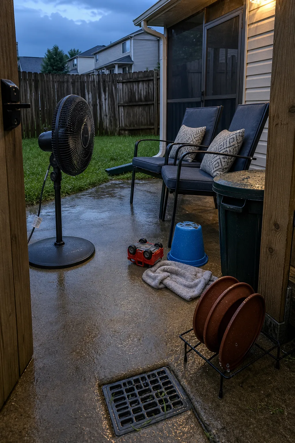 Tidy small patio with a fan and no standing water for mosquito control