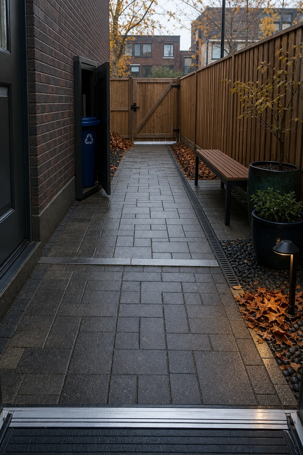 Rain-ready narrow patio with a clear nonslip path from door to gate